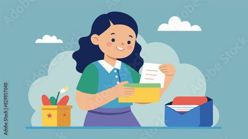 A student pulls out a note from her parents in her lunch box telling her they cant wait to hear about her day when she gets home.. Vector illustration