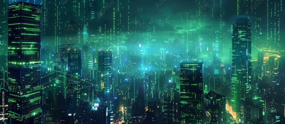 Futuristic Cityscape Illuminated with Neon Lights, Hi-Tech Urban Landscape, futuristic technology concept, graphic banner design Futuristic Cityscape Illuminated with Neon Lights, Hi-Tech Urban Landscape, futuristic technology concept, graphic banner design