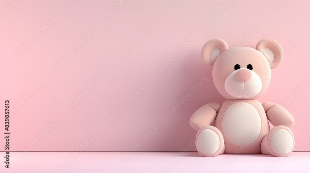 A cute pink teddy bear sitting against a pastel pink background. The teddy bear has a white belly and paws, and a pink nose A cute pink teddy bear sitting against a pastel pink background. The teddy bear has a white belly and paws, and a pink nose