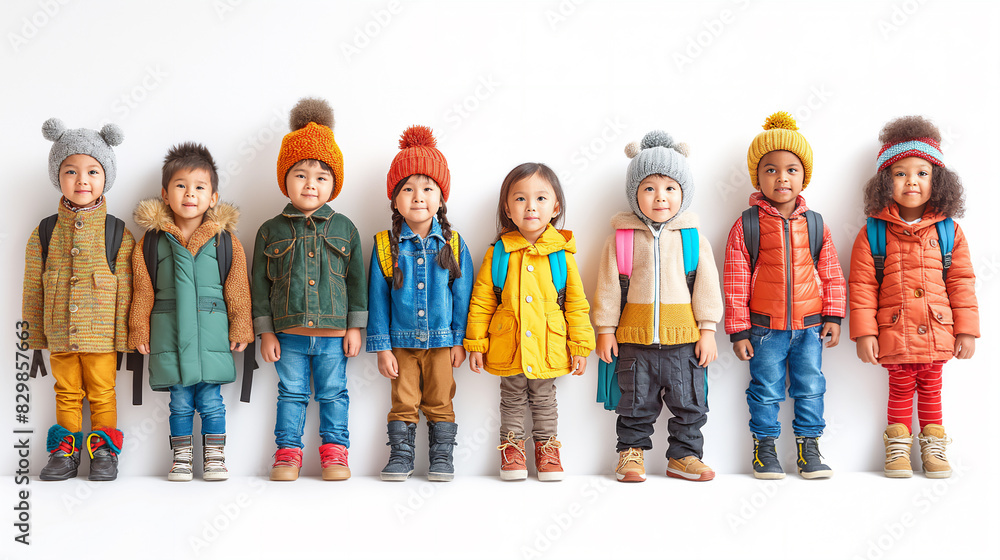 Obraz premium Group of small different raced children of pre school age with rucksacks and dressed in jackets and hats on white background. Selective focus. School time concept. Autumn season 