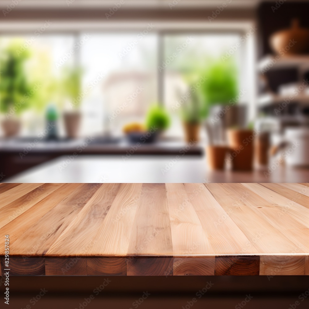 Wooden table for product presentation on blurred kitchen background. Generative AI. Wooden table for product presentation on blurred kitchen background. Generative AI.