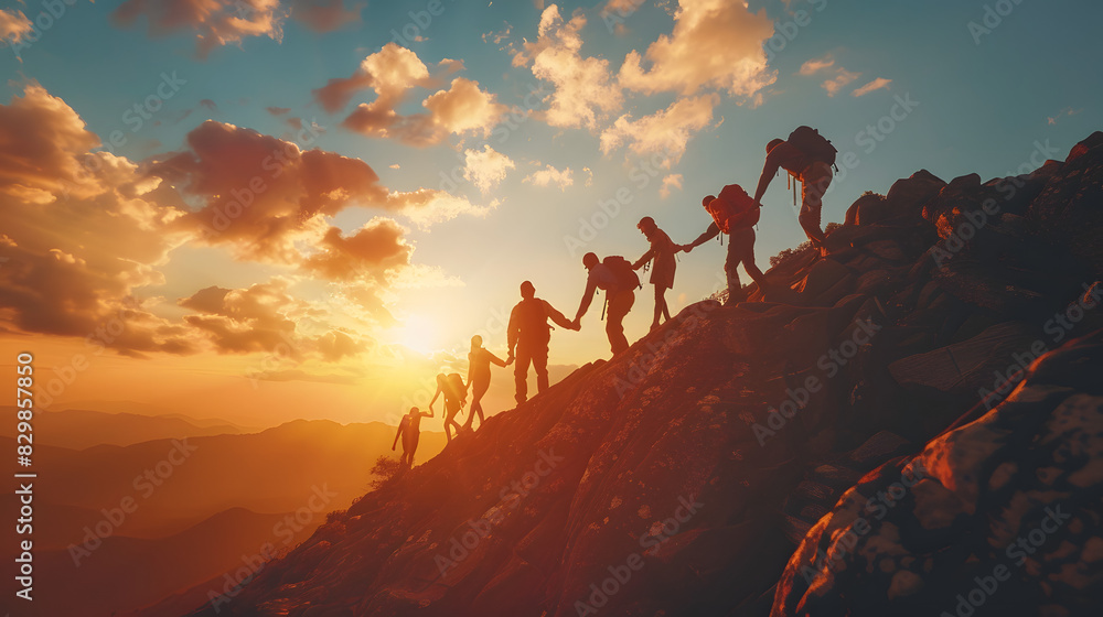 Fototapeta premium Panoramic view of team of people holding hands and helping each other reach the mountain top in spectacular mountain sunset landscape
