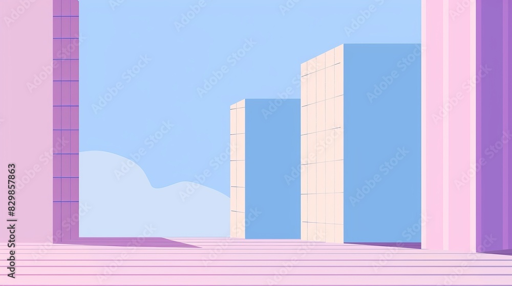 Fototapeta premium A minimalist digital artwork featuring abstract geometric buildings in pastel colors. The scene includes pink and blue structures against a light blue sky with soft clouds
