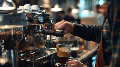 Barista Making Espresso: In a busy coffee shop, a barista expertly pulls shots of espresso, ensuring the perfect balance of flavor and crema photo