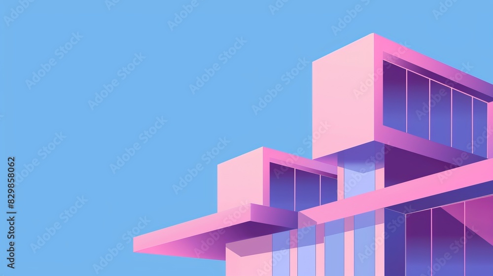 Fototapeta premium Modern architectural design of a building with pink and purple geometric shapes against a clear blue sky