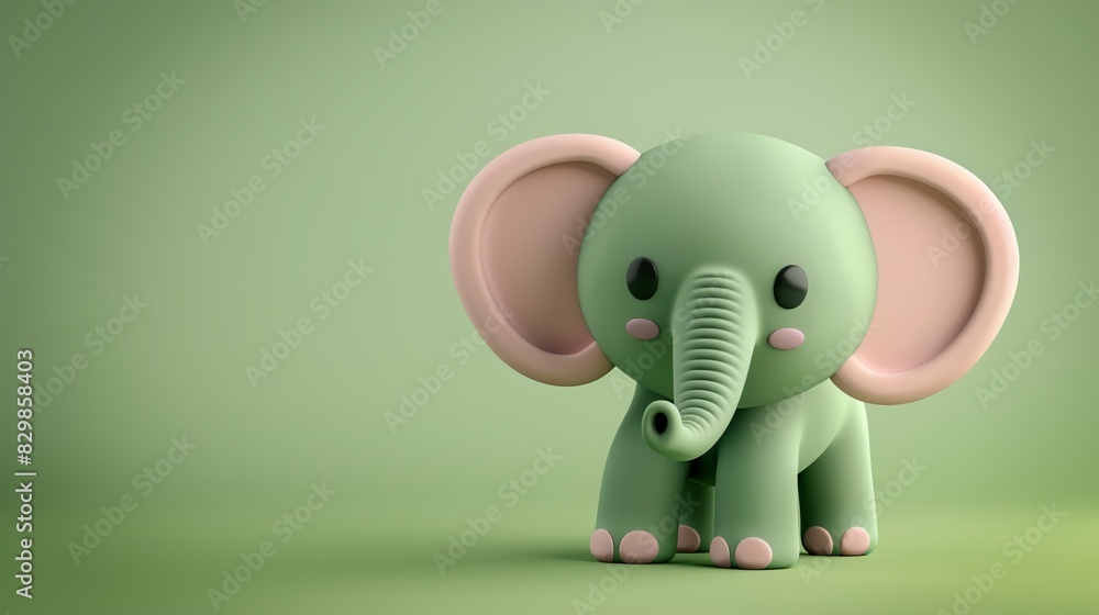 A cute, green, cartoon-style toy elephant with large ears and a trunk, standing on a green background. The elephant has a friendly expression with rosy cheeks A cute, green, cartoon-style toy elephant with large ears and a trunk, standing on a green background. The elephant has a friendly expression with rosy cheeks
