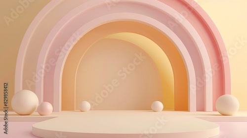 A minimalist abstract scene featuring a pastel-colored arch structure with spherical objects placed on a circular platform. The colors are soft and soothing, creating a calm and serene atmosphere © Sohaib q