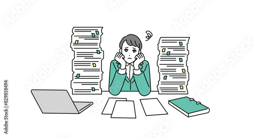 書類の山に囲まれて途方に暮れるビジネスパーソンのイラスト