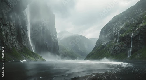 A misty fjord with towering cliffs and cascading waterfalls. photo