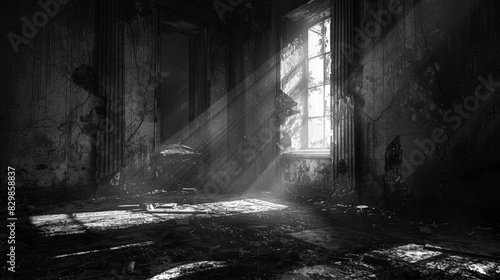 Develop a creepy shadows artwork set in an abandoned place. Use dark tones and stark contrasts to depict a dilapidated building with eerie, elongated shadows cast on the walls. Keep the design simple