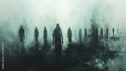 Create a minimalist artwork featuring spooky silhouettes. Depict a group of shadowy figures standing against a dark, foggy background. Use simple, clean lines and a limited color scheme to maintain a