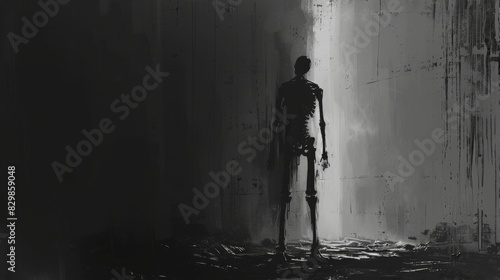 Develop a macabre visual with a minimalist approach. Illustrate a skeletal figure standing in a dark, shadowy room. Use clean lines and muted tones to create a haunting, unsettling image that evokes