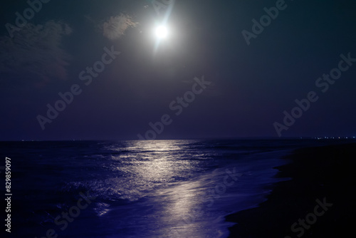 Sea in the moonlight. The moon is shining above the sea water  lights of the village on the horizon
