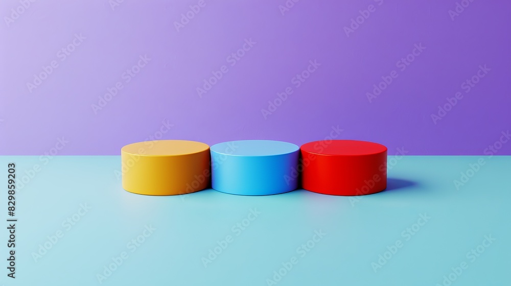 Three colorful cylindrical podiums in yellow, blue, and red on a light blue surface with a purple background Three colorful cylindrical podiums in yellow, blue, and red on a light blue surface with a purple background
