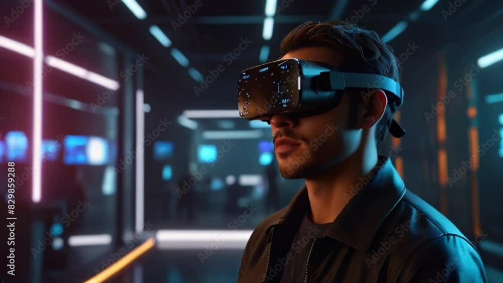 Young person wearing virtual reality glasses. Exploring future technology, augmented reality, and science concepts. Futuristic virtual projections and fluorescent lights. Young person wearing virtual reality glasses. Exploring future technology, augmented reality, and science concepts. Futuristic virtual projections and fluorescent lights.