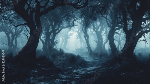 Design a creepy shadows artwork set in a dark forest. Use silhouettes of twisted trees and subtle, elongated shadows to create a sense of unease. Keep the design simple and use a muted color palette photo