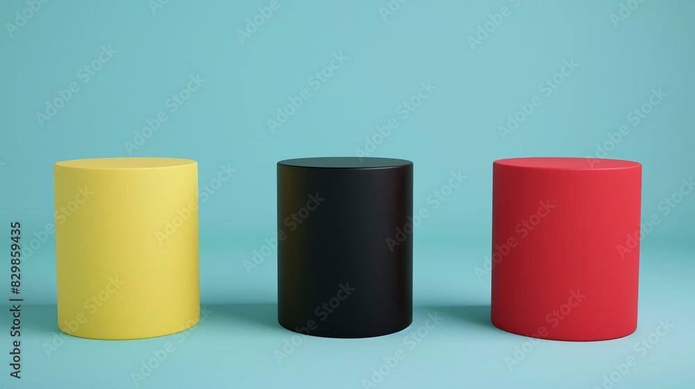 Three cylindrical objects in yellow, black, and red colors arranged in a row against a light blue background Three cylindrical objects in yellow, black, and red colors arranged in a row against a light blue background