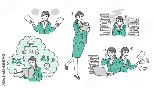 忙しい経理職のビジネスパーソンの様々なビジネスシーンのイラストセット