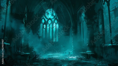 Design a gothic horror scene with a minimalist style. Depict an old  haunted church with tall  pointed arches and broken stained glass windows. Use clean lines and a muted color palette to create a