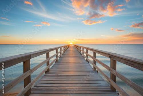 A wooden pier stretches out towards a fiery sunset over the calm ocean