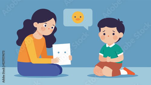 Two participants sit facing each other one holding a picture of a crying child while the other listens attentively and responds with words of comfort demonstrating empathy in. Vector illustration