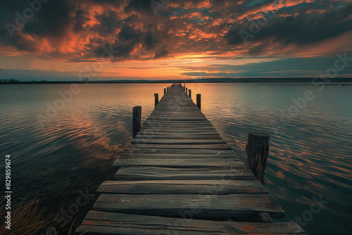 Wooden pier stretches out towards a fiery sunset over calm ocean waters  Wooden pier stretches out towards a fiery sunset over calm ocean waters