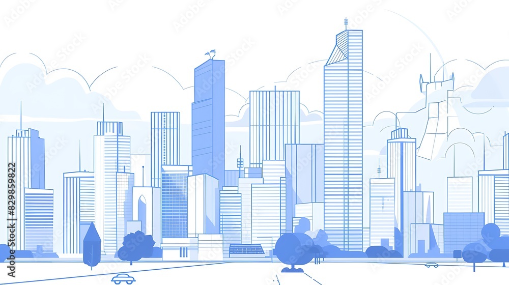 A beautiful cityscape in shades of blue. The tall buildings are drawn in a simple, modern style, and the sky is a light blue with a few clouds.