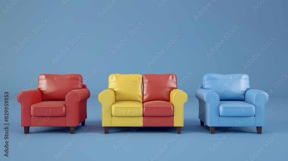 Three colorful armchairs in a row against a blue background. The armchairs are red, yellow, and blue, with one chair being a mix of red and yellow Three colorful armchairs in a row against a blue background. The armchairs are red, yellow, and blue, with one chair being a mix of red and yellow