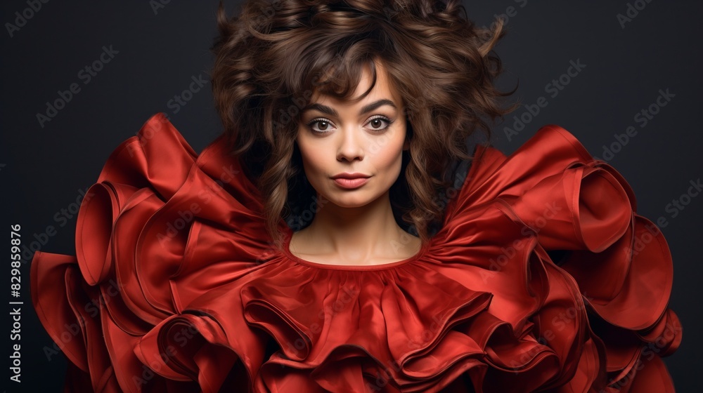A woman with voluminous curly hair wearing an extravagant red ruffled dress poses against a dark background