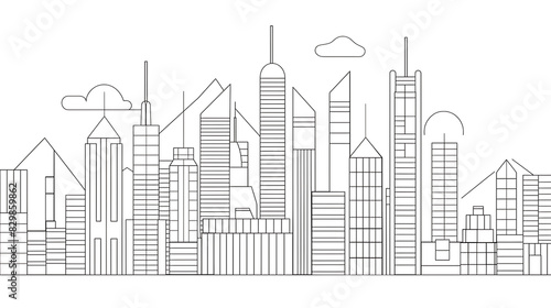 Cityscape with skyscrapers and clouds. Vector illustration in outline style.