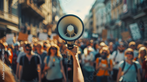 Social dissatisfaction and protest concept with large crowd protesting in the street with focus on loud speaker in woman's hand photo