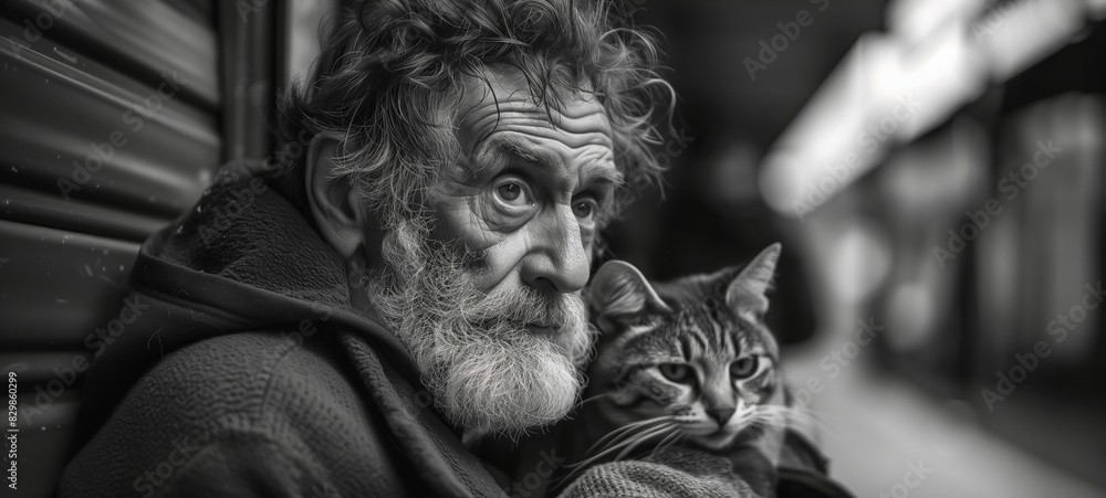 Black and white portrait of a homeless man with a cat