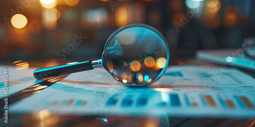 A magnifying glass is focused on a tax form, with bokeh effects on the background photo