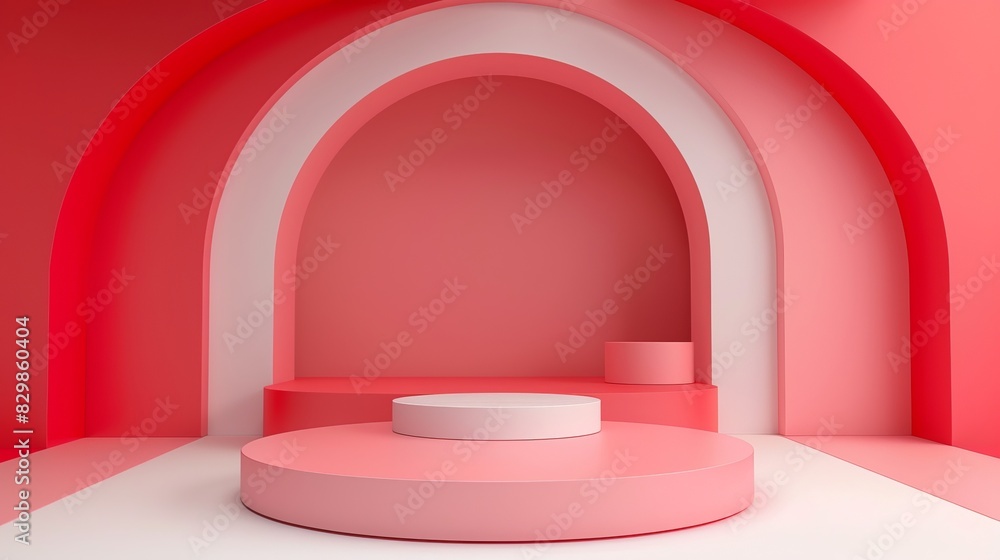 A minimalist pink and white geometric podium set against a backdrop of arches and curved structures. The scene is well-lit and features a modern, clean design A minimalist pink and white geometric podium set against a backdrop of arches and curved structures. The scene is well-lit and features a modern, clean design