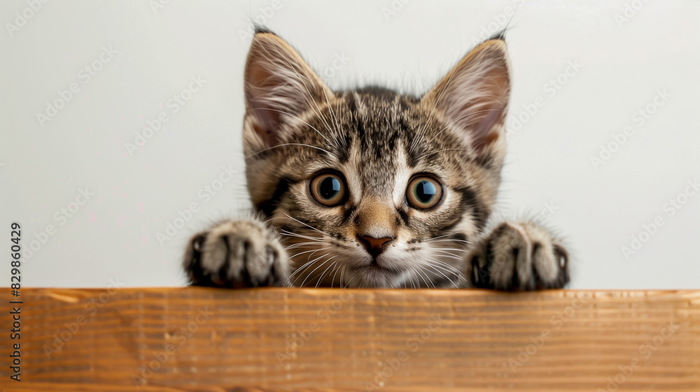 Curious kitten peeking over wooden ledge with big blue eyes