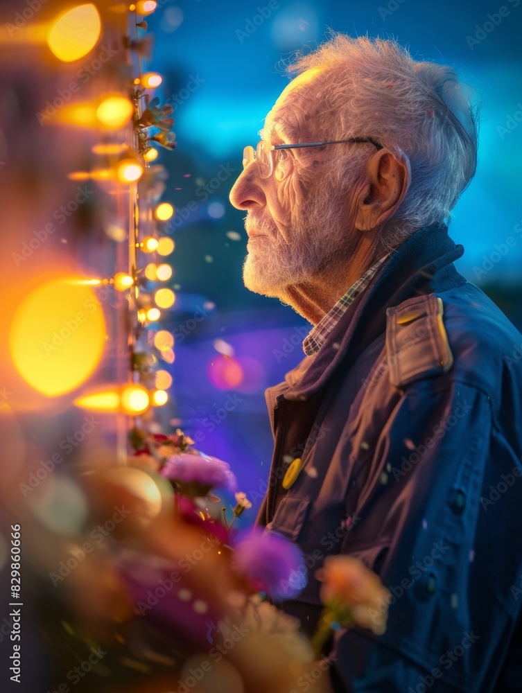 Obraz premium Elderly Israeli Veteran Reflects at Memorial Wall with Flowers and Candles During Evening, Symbolizing Remembrance and Honor