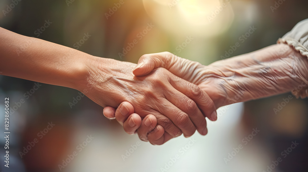Taking care of the elderly concept with young woman holding the hand of a senior Taking care of the elderly concept with young woman holding the hand of a senior