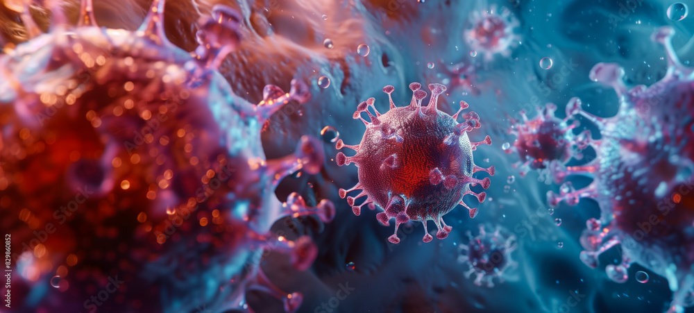 Intense microscopic view of viral infection with glowing particles Intense microscopic view of viral infection with glowing particles