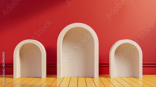 Three white arch-shaped niches of varying sizes against a red wall with a yellow tiled floor