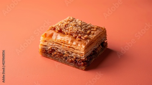 A close-up of a piece of baklava on a pink background. The baklava has multiple layers of thin pastry, filled with nuts and topped with syrup and crushed nuts