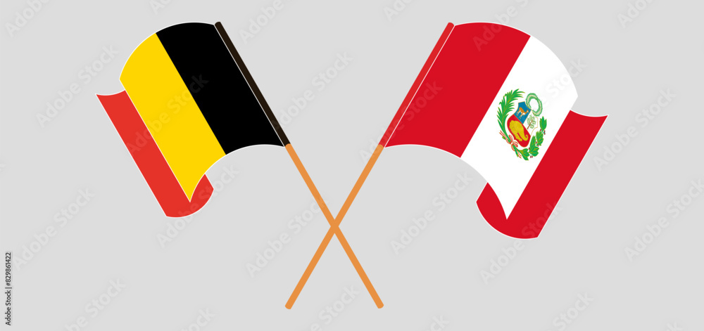 Crossed and waving flags of Belgium and Peru Crossed and waving flags of Belgium and Peru