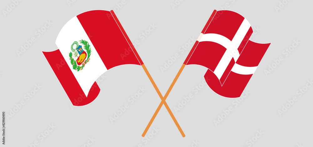 Crossed and waving flags of Peru and Denmark Crossed and waving flags of Peru and Denmark