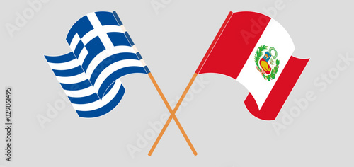 Crossed and waving flags of Greece and Peru