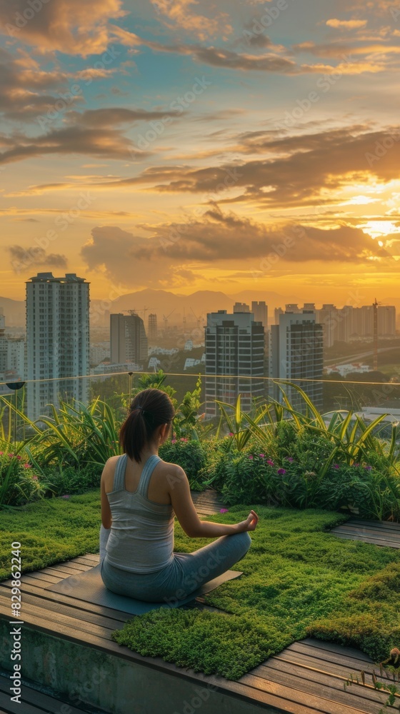 Young Asian Woman Practicing Yoga at Dawn on a Green Rooftop Garden, Embodying Tranquility and Sustainable Living Young Asian Woman Practicing Yoga at Dawn on a Green Rooftop Garden, Embodying Tranquility and Sustainable Living