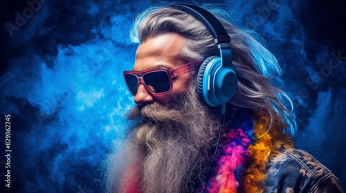 Trendy Grandpa with Beard with headphones