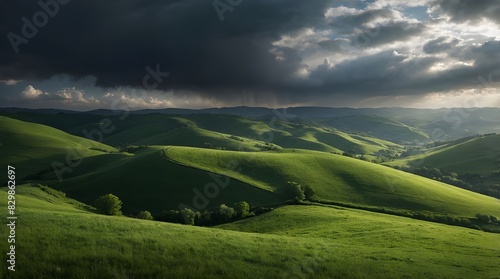  A panoramic view of rolling green hills under a dramatic cloudy sky 