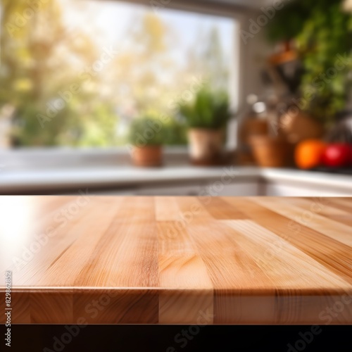 Wooden table for product presentation on blurred kitchen background. Generative AI.