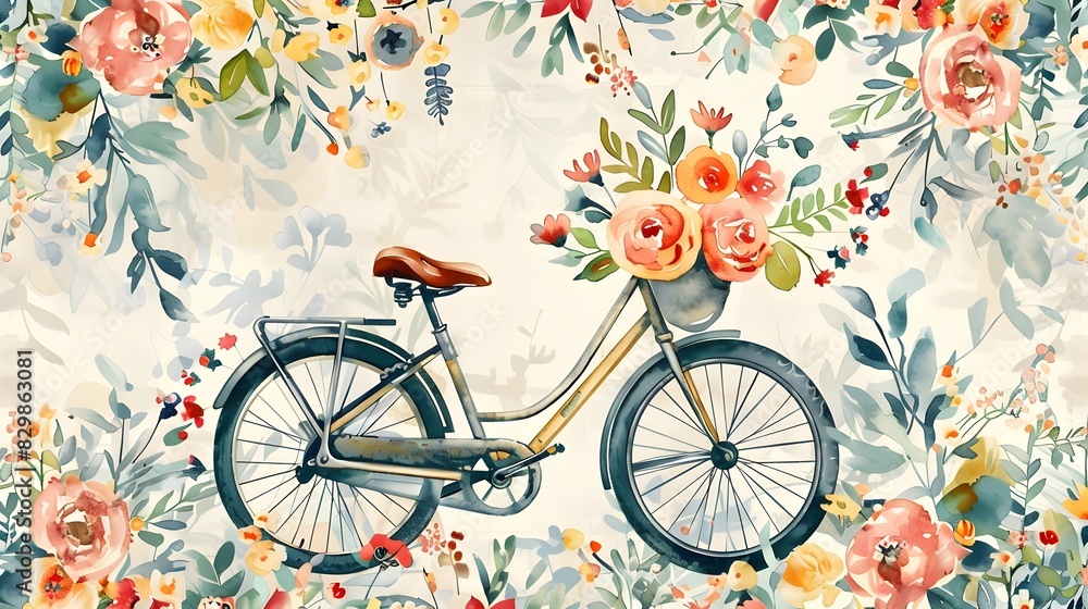 Fototapeta premium Vintage Bicycle Adorned with Vibrant Floral Bouquet in Lush Botanical Setting