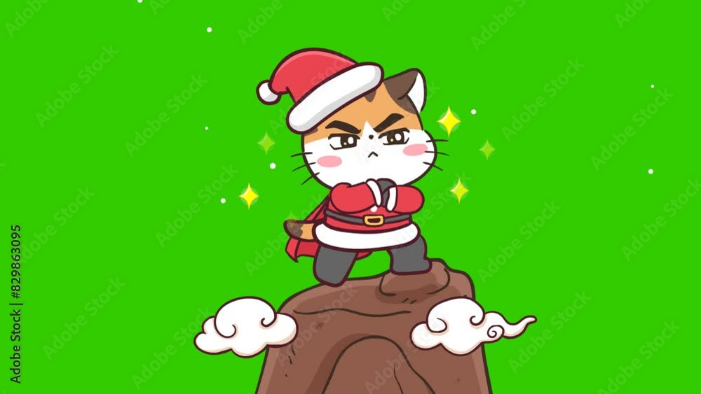 Animated Little Cat in Santa Claus Outfit Giving a Thumbs Up with Green Screen Background Animated Little Cat in Santa Claus Outfit Giving a Thumbs Up with Green Screen Background