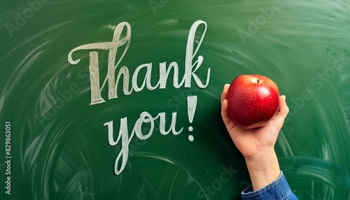 A school chalkboard with the words, Thank You, written in script and a child's hand holding a shiny red apple to show teacher appreciation sign.